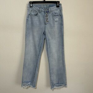 Rewash Light Wash Distressed Kick Crop Jeans Button Fly Raw Hem Size 1/25